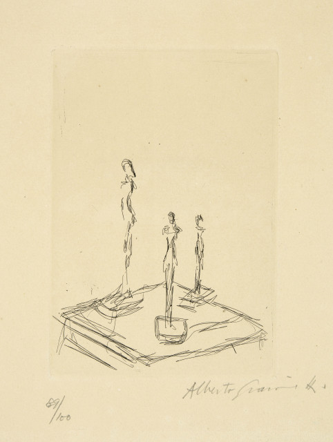 Alberto Giacometti : Trois figurines sur une sellette III, 1956