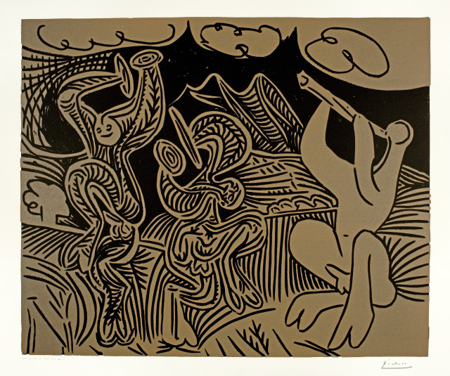 Pablo Picasso : Bacchanale: flûtiste et danseurs aux ..., Cannes, 15 November 1959
