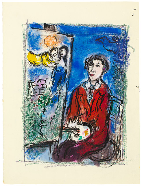 Marc Chagall  : Le peintre devant le soleil rouge , 1965
