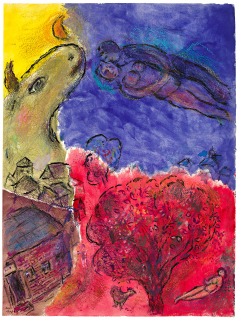 Marc Chagall  : Amoureux dans le ciel violet et l'arbre en  ..., 1980