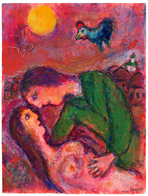 Marc Chagall  : Tendresse sur fond rose-orangé , 1980