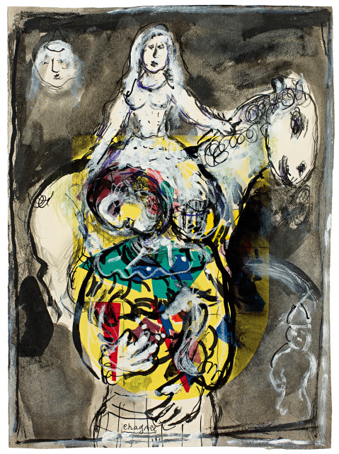Marc Chagall : Scène nocturne avec clown et écuyère en ..., 1971