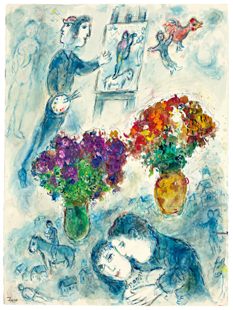 Marc Chagall : Les amoureux aux deux bouquets et le peintre, Circa 1975