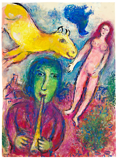 Marc Chagall  : Rencontre autour du flûtiste au visage vert , 1976 
