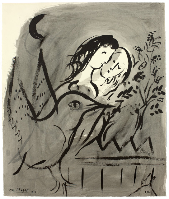Marc Chagall  : L'oiseau et les amoureux derrière la  ..., 1953