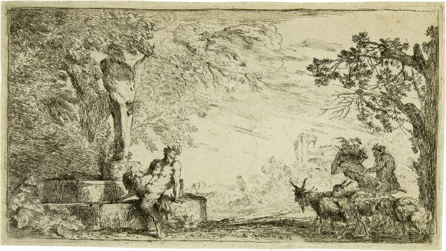 Giovanni Benedetto Castiglione : Ein sitzender Satyr vor einer Priapusstele, Circa 1645
