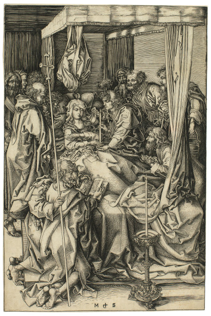 Martin Schongauer : Der Tod Marias, umgeben von 12 Aposteln, Circa 1473/1474