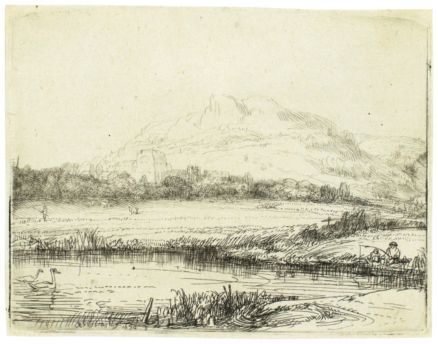 Rembrandt Harmensz. van Rijn  : Der Kanal mit einem Angler und zwei Schwä ..., 1650