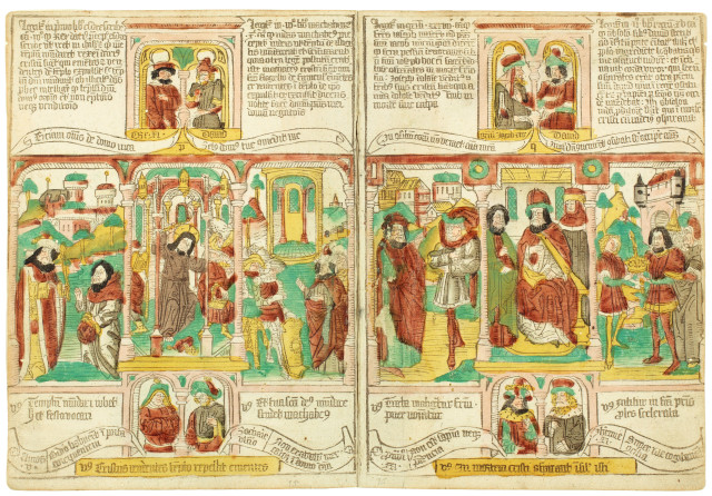 Biblia pauperum, um 1430  : Doppelseite, mit Nummerierung p und q,  ..., Um 1430 