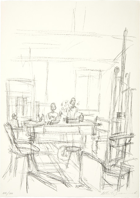 Alberto Giacometti  : Sculptures sur la grande table de l'atelier � ..., 1965