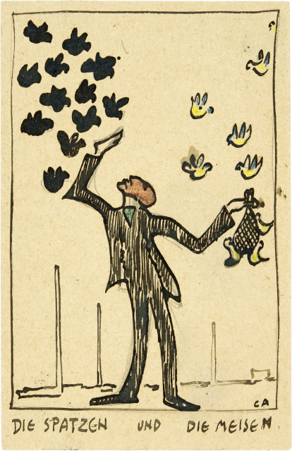 Cuno Amiet : Die Spatzen und die Meisen. Postkarte , 23 February 1923