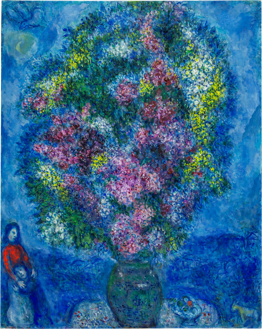 Marc Chagall  : Le grand bouquet sur fond bleu , 1978
