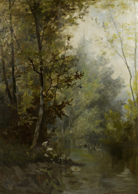 Karl Stauffer-Bern : Waldteich mit Enten und Seerosen, Um 1880 