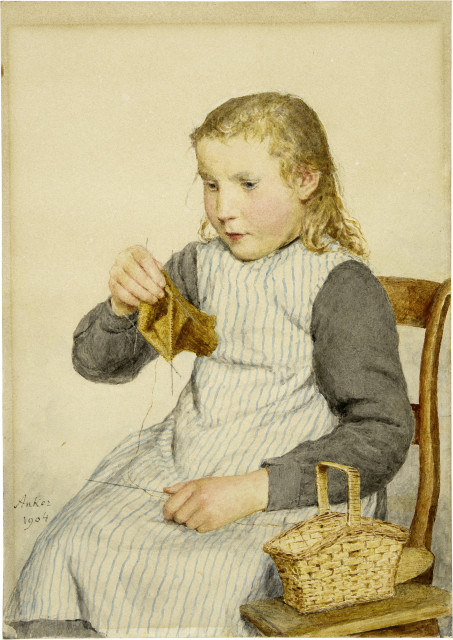 Albert Anker  : Strickendes Mädchen , 1904