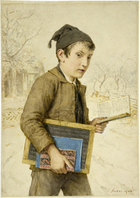 Albert Anker  : Schuljunge in Winterlandschaft , 1904 