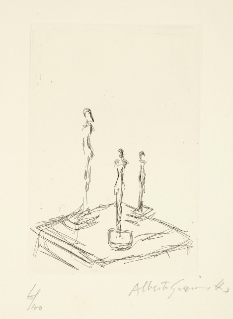 Alberto Giacometti : Trois figurines sur une sellette III, 1956, ediert 1959 