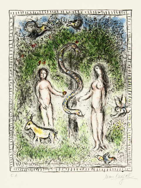 Marc Chagall  : Adam, Ève et le serpent , 1977