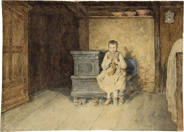 Albert Anker  : Strickendes Mädchen auf Ofenbank in einer  ..., Um 1880 