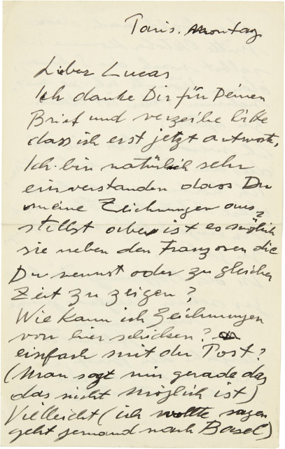 Alberto Giacometti  : Handschriftlicher Brief an Lucas Lichtenhan  ..., Probably 1949
