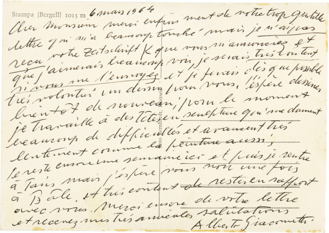 Alberto Giacometti  : Postkarte mit Ansicht von Stampa, eigenhä ..., 1964