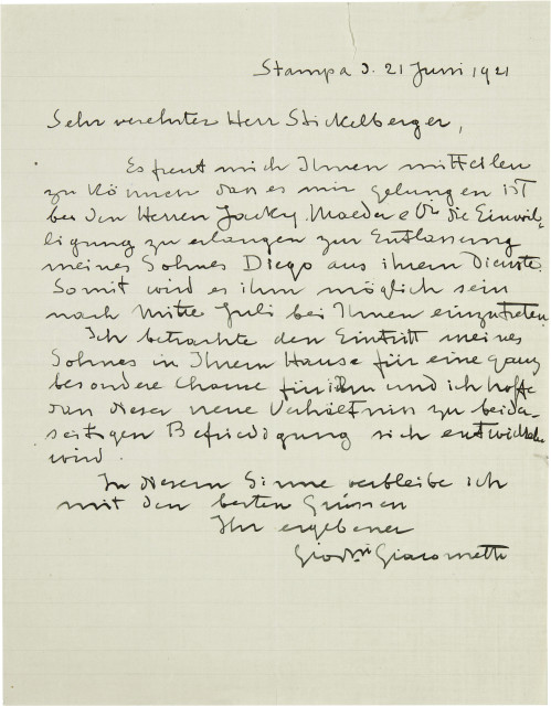 Giovanni Giacometti : Handschriftlicher Brief an Emanuel ..., 1921