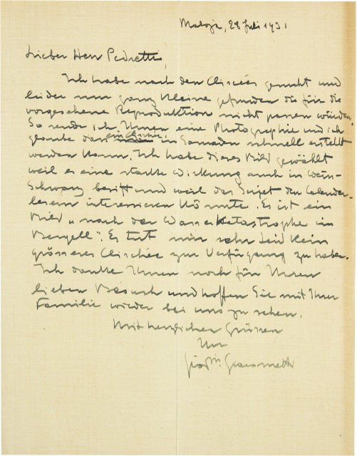 Giovanni Giacometti : Handschriftlicher Brief an 'Herr Pedretti', 1931