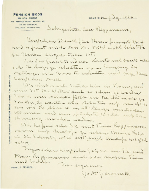Giovanni Giacometti : Handschriftlicher Brief an Hermann Rippmann ..., 1926
