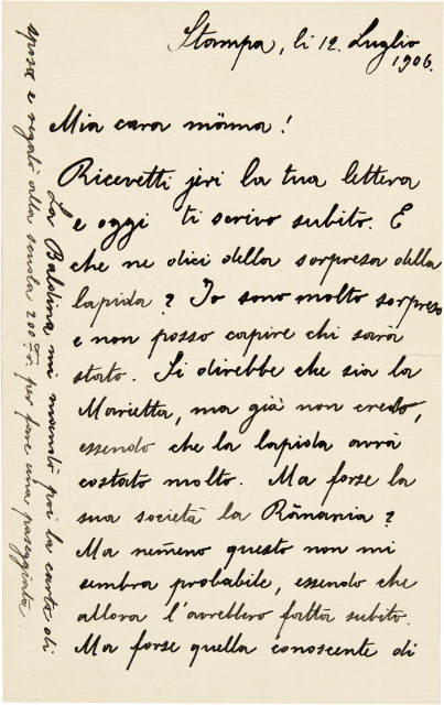 Augusto Giacometti  : Handschriftlicher Brief an die Mutter Martha  ..., 1906