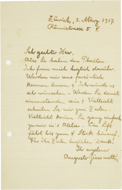 Augusto Giacometti : 7 handgeschriebene Briefe und 5 Postkarten ..., 1917-1943