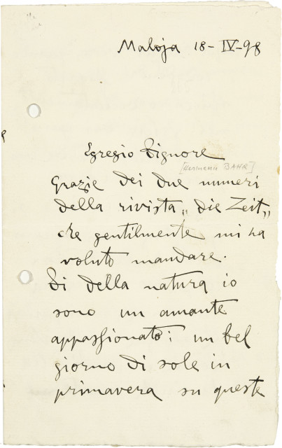 Giovanni Segantini  : Handschriftlicher Brief, mit Anrede Egregio  ..., 1898