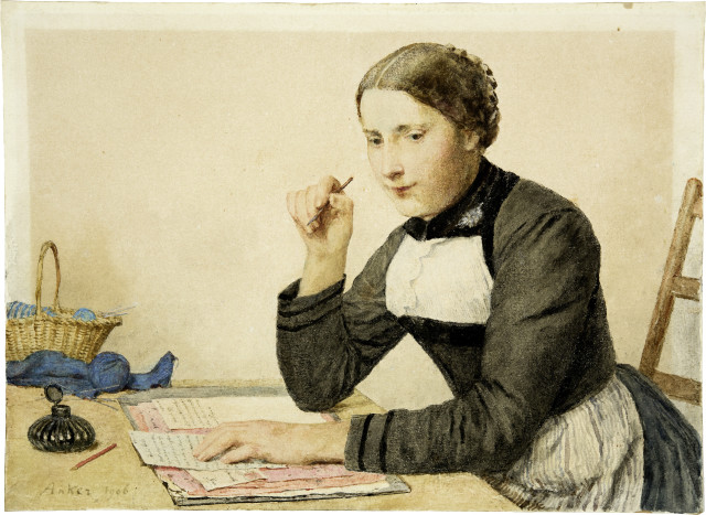 Albert Anker : Junge Frau einen Brief schreibend, 1906