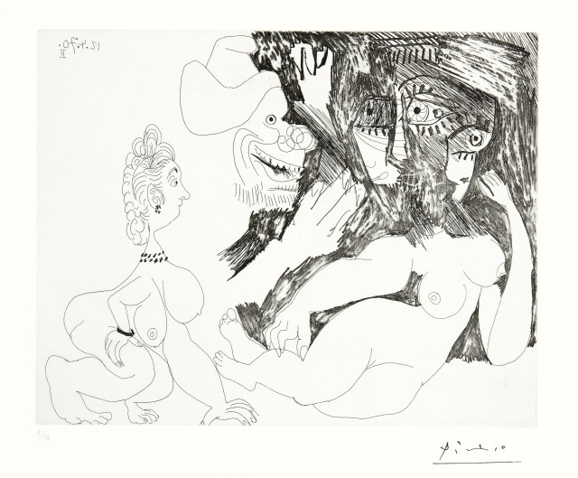 Pablo Picasso  : Homme-chien et femme, avec une petite  ..., Mougins, 12 April 1970