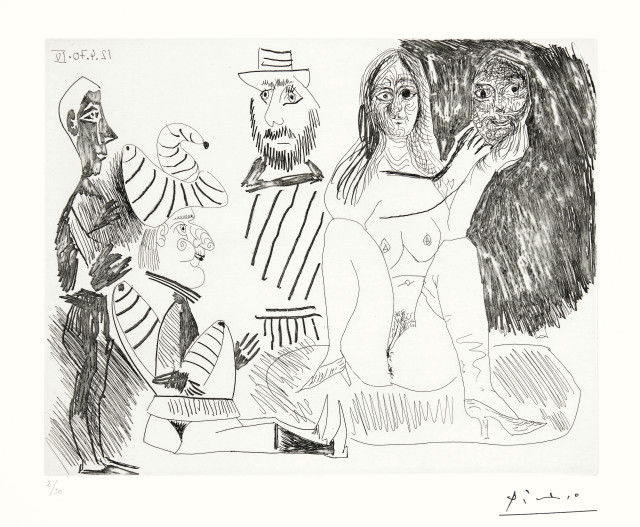Pablo Picasso  : Femme nue montrant un masque masculin,  ..., Mougins, 12 April 1970