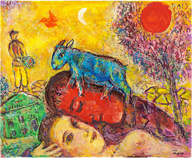 Marc Chagall  : L'amoureux au profil rouge et l'âne bleu , 1971