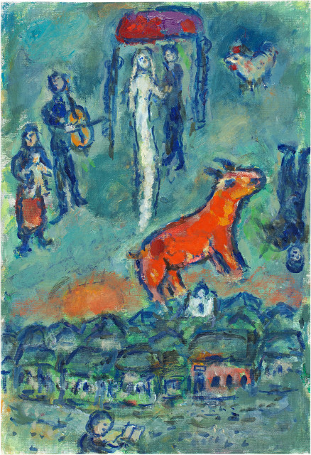 Marc Chagall : Mariés et bouc rouge dans le ciel, 1982