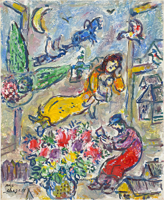 Marc Chagall  : Fenêtre ouverte sur famille au village , Paris 1962