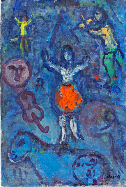 Marc Chagall : L'écuyère en jupe orange sur fond bleu, circa 1978