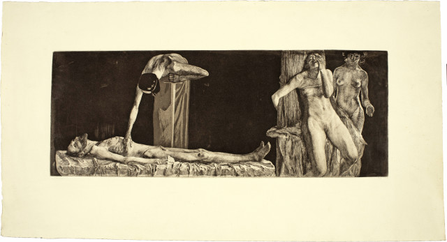 Käthe Kollwitz  : Zertretene - Leichnam und Frauenakt am Pfahl , Around 1901 (edition 1946-1972)