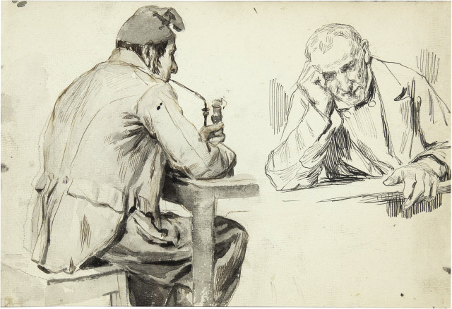 Albert Anker  : Mann mit Mütze und Pfeife - Lesender Mann. - ...,  