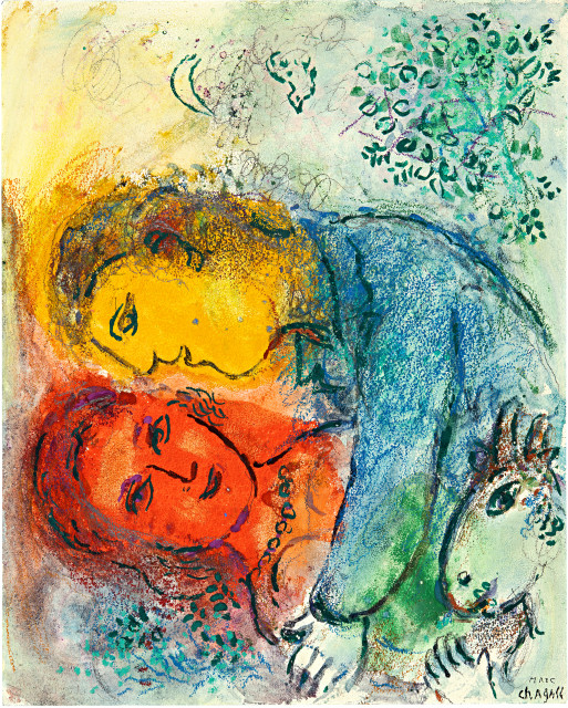 Marc Chagall  : Amoureux en rouge et jaune , 1981