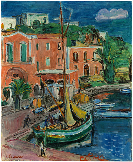 Hans Purrmann  : Segelboot im Hafen , 1958 