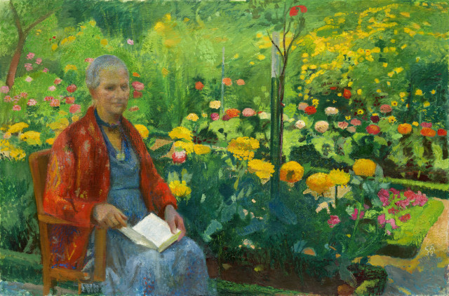 Cuno Amiet  : Frau Amiet im Garten , 1952