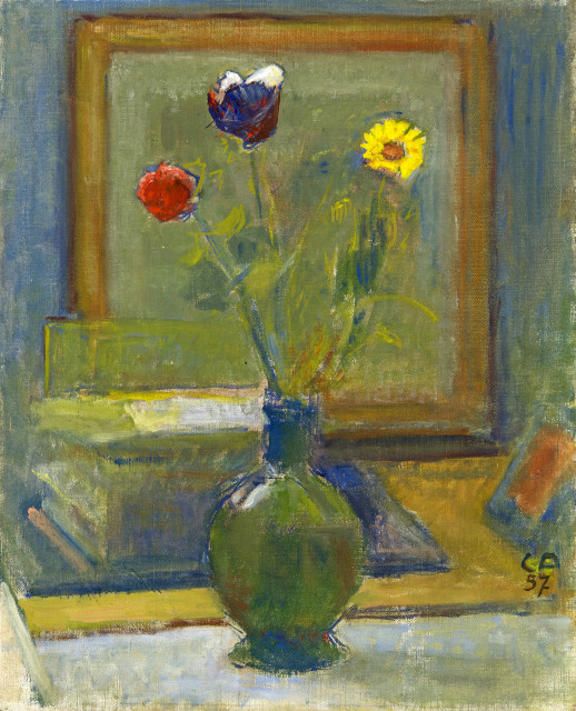 Cuno Amiet  : Stillleben mit Blumenstrauss und Büchern , 1957