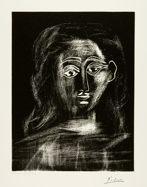 Pablo Picasso : Jacqueline aux cheveux flous, en buste, Mougins, 12 February 1962