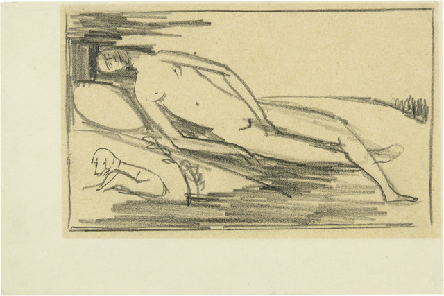Hans Ernst Brühlmann : Liegender Akt mit Hund vor Landschaft, 1910-1911