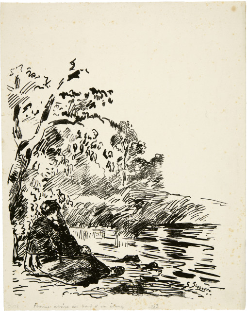 Camille Pissarro : Femme assise au bord d'un étang, Around 1874