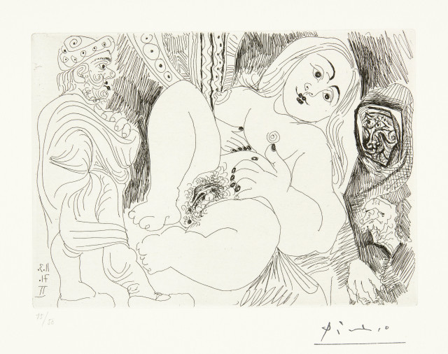 Pablo Picasso : Vieil homme drapé, Célestine et fille, Mougins, March 11, 1971