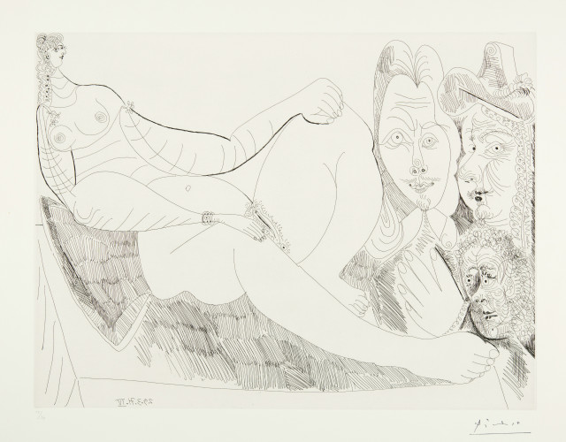 Pablo Picasso : Femme au lit avec visiteurs en costume du ..., Mougins, March 29, 1971