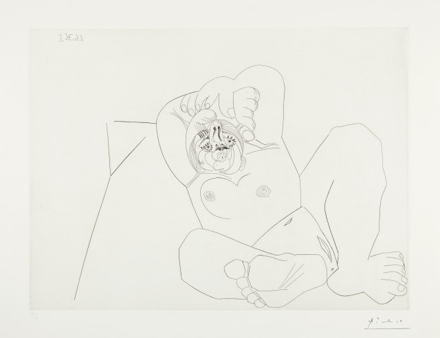 Pablo Picasso : Femme au grand nez, en raccourci, sur lit, Mougins, June 1, 1971