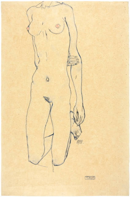 Egon Schiele  : Kniendes junges Mädchen, frontal - Torso , 1913